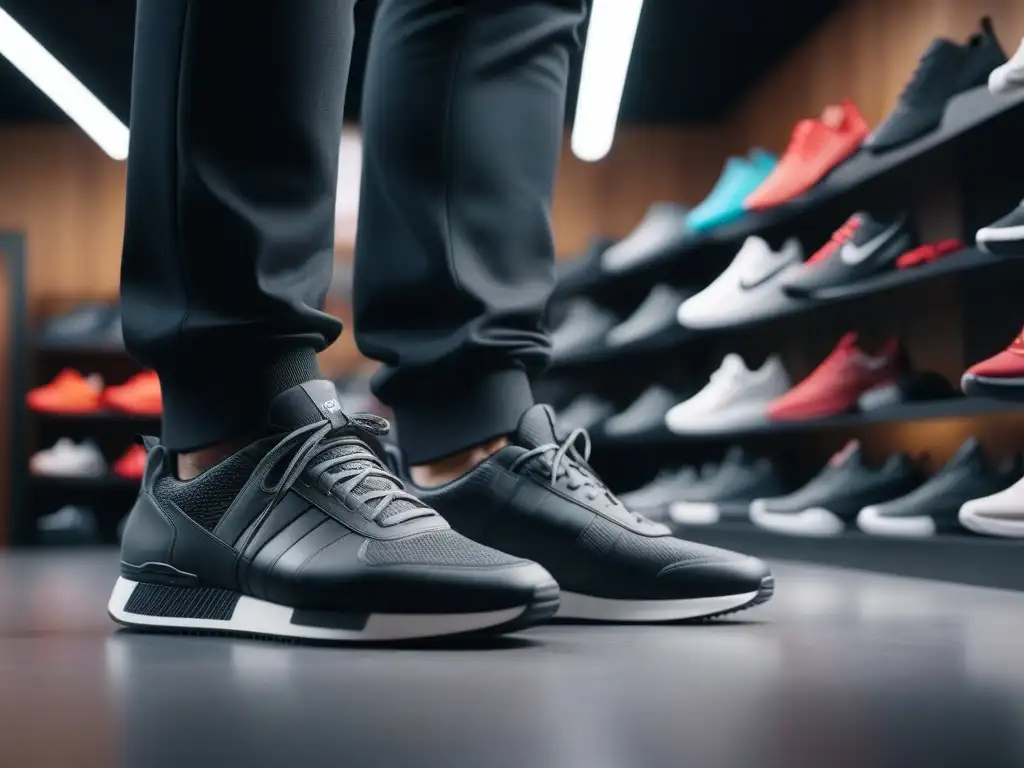 Emocionante diversidad de pies probando zapatillas en tienda inclusiva Una emocionante escena en una tienda de zapatillas deportivas moderna, mostrando la diversidad de pies y tallas al probar diferentes estilos