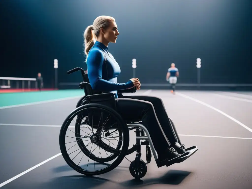 Atletas adaptativos en acción: moda funcional para deportes inclusivos Un emocionante grupo de atletas de todas las edades y habilidades, usando ropa adaptativa deportiva inclusiva, en un campo deportivo futurista e inclusivo, transmitiendo determinación, empoderamiento y comunidad