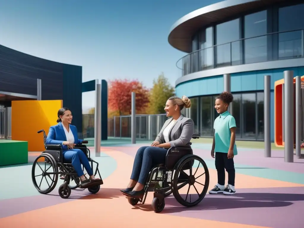 Moderno parque inclusivo: niños felices juegan juntos Un emocionante parque inclusivo con niños felices disfrutando juntos