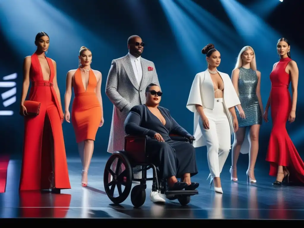 Moda inclusiva: desfile futurista con modelos diversos empoderados Una emocionante pasarela futurista donde modelos con discapacidades lucen diseños inclusivos, representando diversidad y empoderamiento