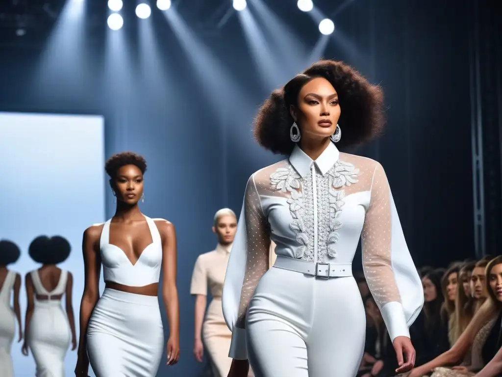 Pasarela inclusiva: Celebrando la diversidad en la moda Una emocionante pasarela de moda celebra la diversidad corporal en moda con modelos diversos luciendo prendas vanguardistas