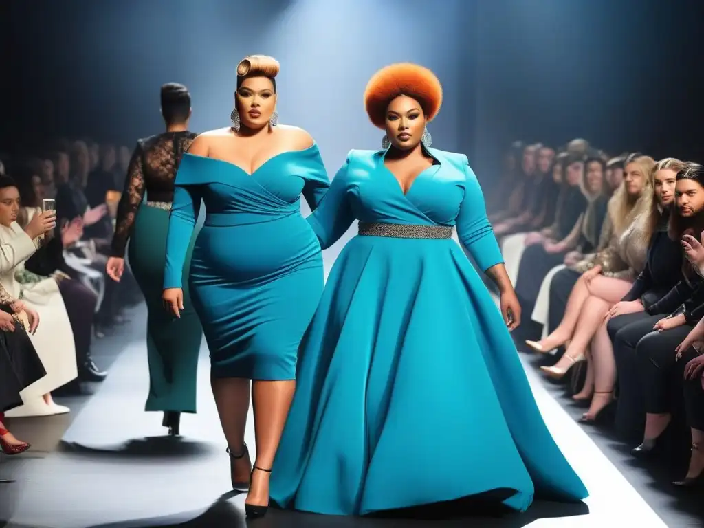 Desfile de moda inclusivo con modelos de tallas grandes empoderadas Una emocionante pasarela de moda inclusiva con modelos plus desfilando diseños de talentosos diseñadores, exudando confianza y estilo