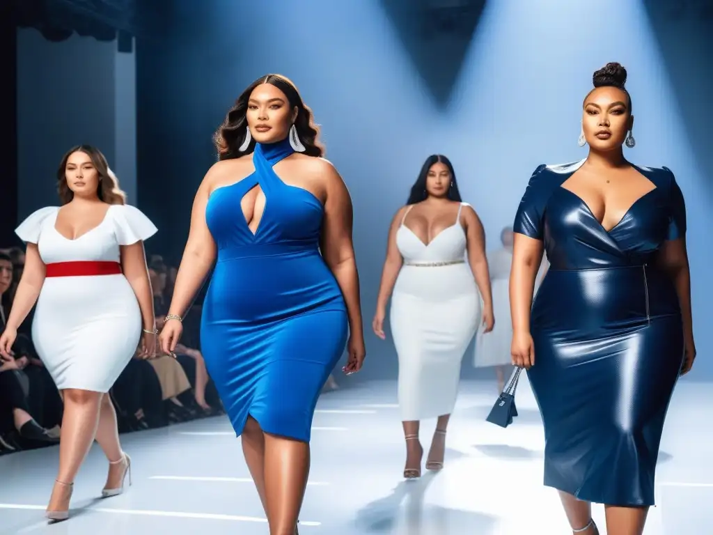 Desfile de moda inclusiva con modelos plus size seguras y diversas Una emocionante pasarela con modelos plus size de diversas etnias y estilos, luciendo moda inclusiva