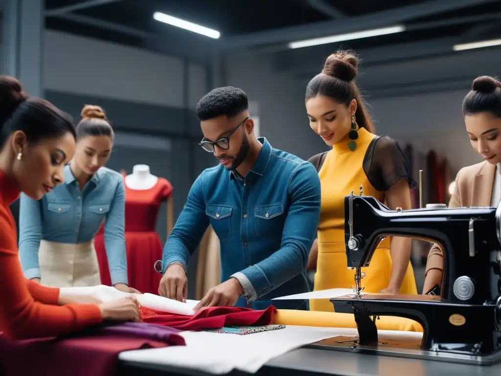 Diseñadores de moda creativos y diversos en un taller inspirador Un emocionante taller de moda con estudiantes de diferentes culturas creando juntos