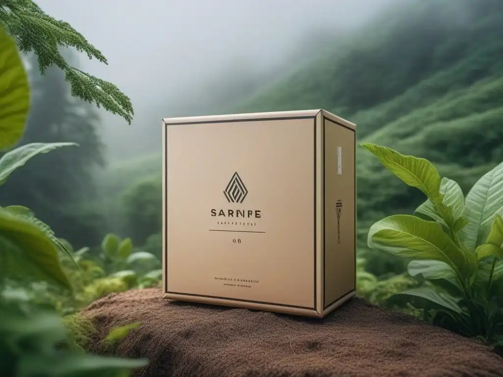 Diseño ecofriendly para moda: minimalista y elegante Empaques moda sostenible compra: Diseño ecofriendly elegante con tonos terrosos, materiales reciclables y naturaleza exuberante al fondo