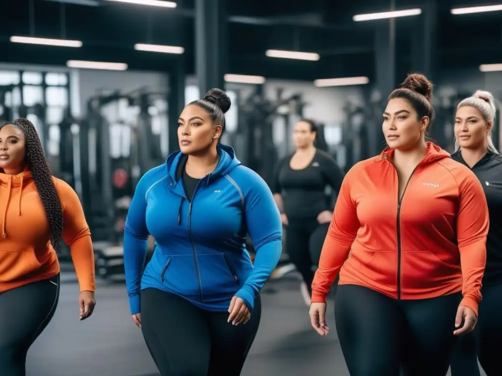 Entrenamiento inclusivo con plussize en gimnasio moderno Empoderamiento y determinación en un entrenamiento para tallas plus size en un gimnasio moderno
