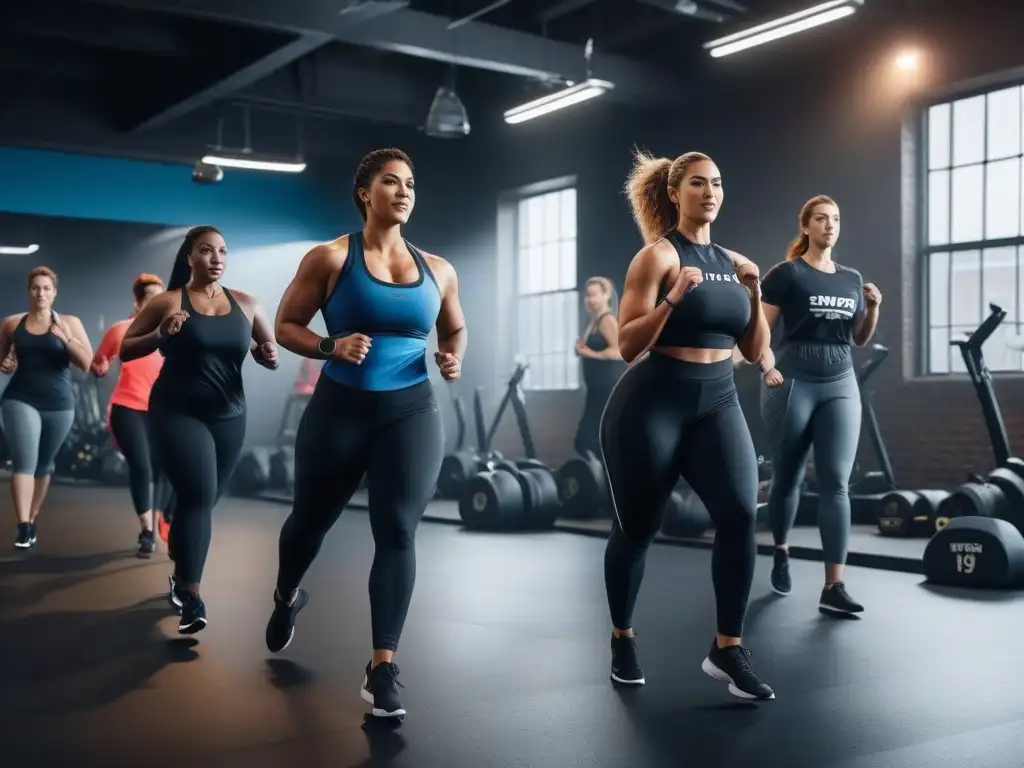 Clase de HIIT inclusiva: Mujeres plussize empoderadas y fuertes en acción Empoderamiento y fuerza en un entrenamiento para tallas plus size, mujeres diversas en clase de HIIT con instructor motivador en gimnasio colorido
