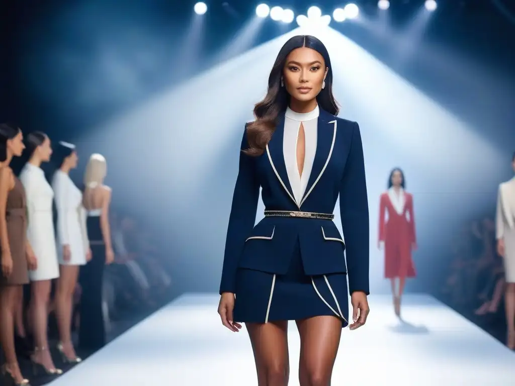 Desfile de moda: Empoderamiento y éxito en la pasarela Emprendedores triunfan en moda petite: Empresaria de moda muestra colección rodeada de modelos diversos, irradiando confianza y empoderamiento