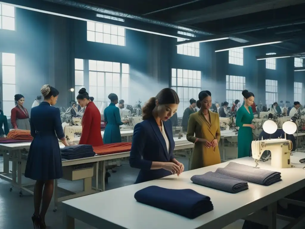 Emprendedores de moda sostenible éxito colaborando en fábrica de confección, innovación y creatividad en armonía
