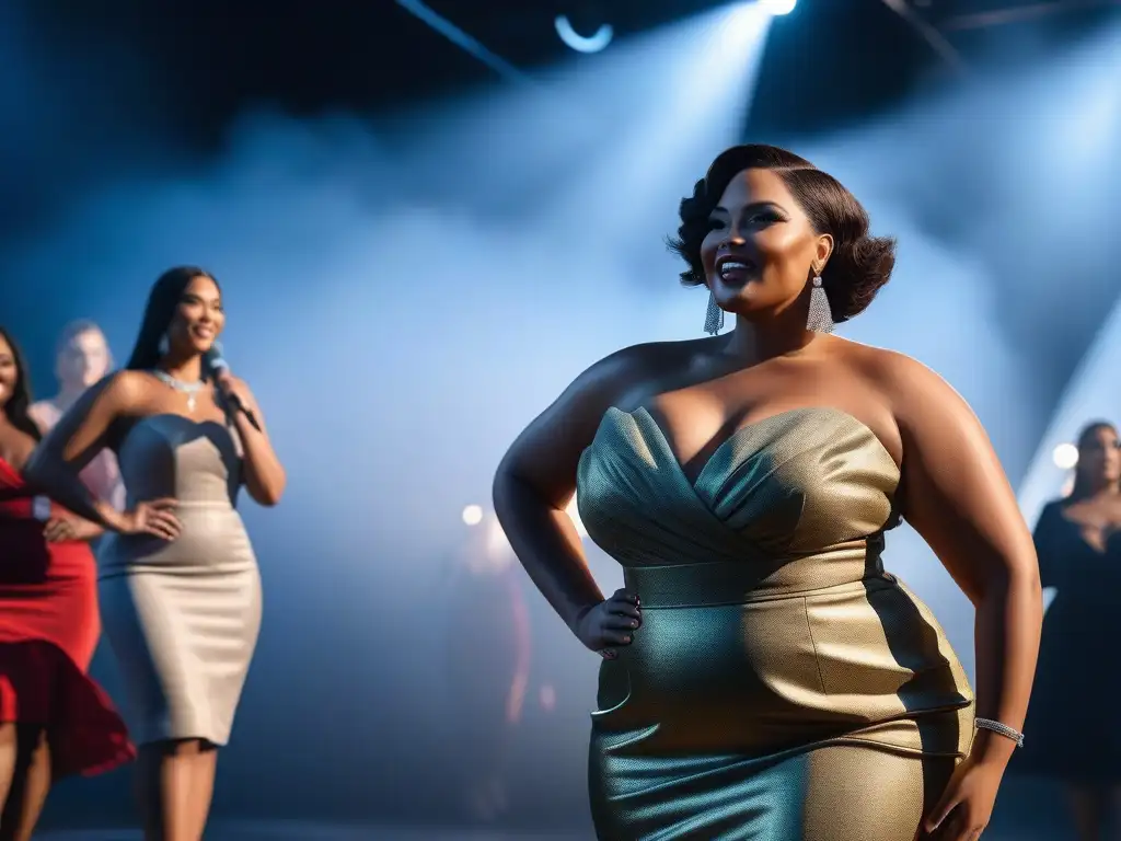 Desfile de moda plussize: Empoderamiento y éxito en la pasarela Emprendedores de moda tallas grandes éxito desfilando con confianza sus diseños en una pasarela iluminada, celebrando su triunfo