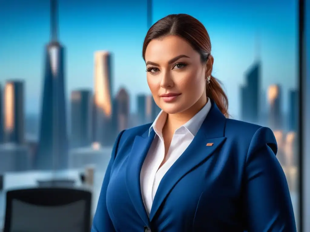 Empresaria plus size elegante en oficina moderna Una empresaria plus size elegante en traje de trabajo, en una oficina moderna con vista a la ciudad