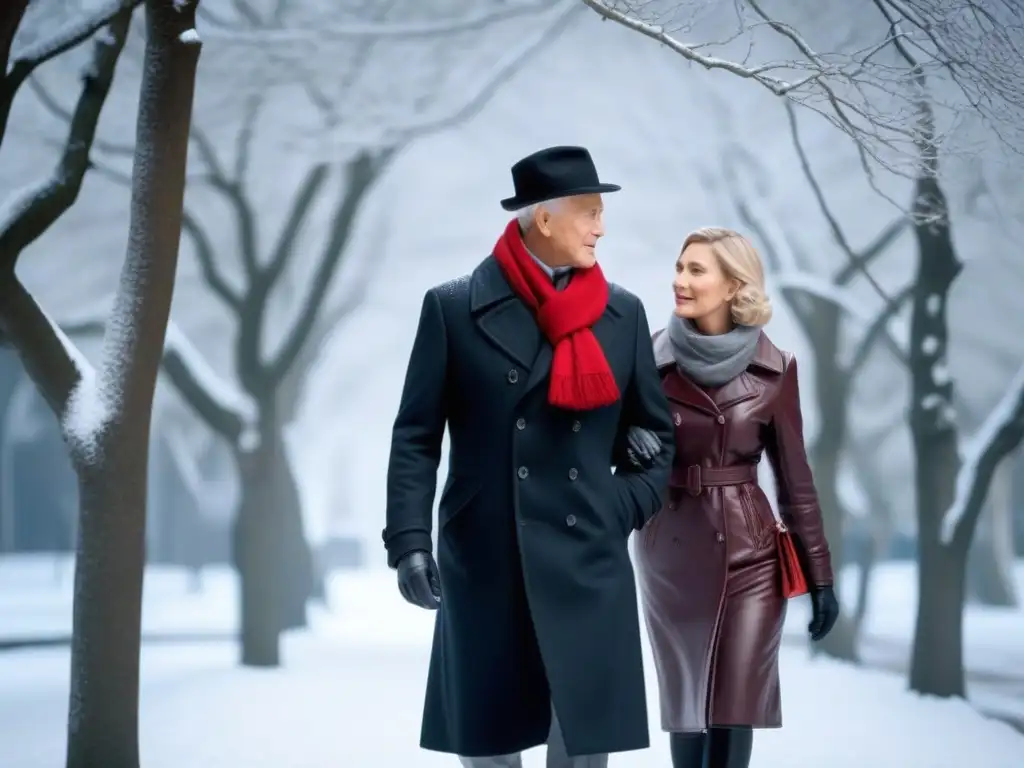 Pareja de ancianos disfrutando del invierno en el parque nevado Encantador paseo invernal de pareja de ancianos con accesorios invernales para seniors