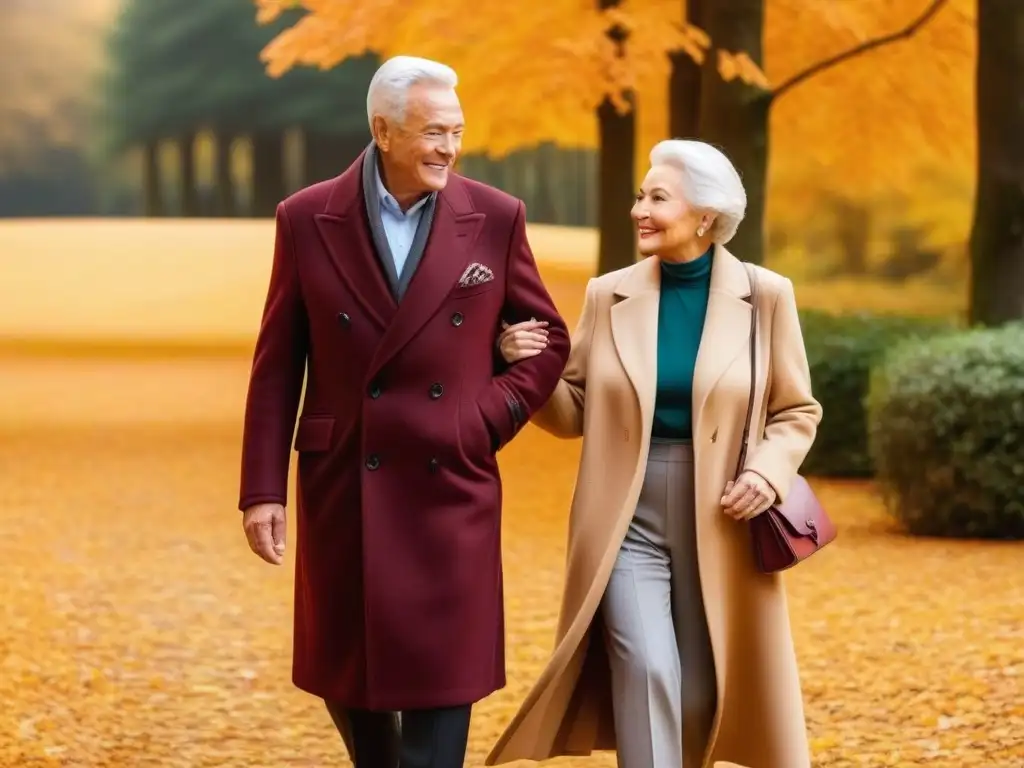 Estilo y elegancia: Pareja mayor pasea con abrigos especiales en parque otoñal Encantadora pareja de ancianos paseando en el parque otoñal, vistiendo elegantes abrigos para seniors tallas especiales