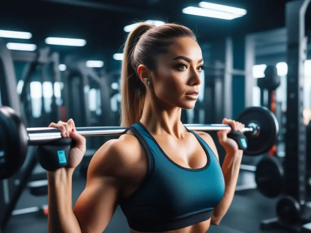 Empoderamiento fitness: mujer levantando pesas en gimnasio moderno Entrenamiento efectivo para cuerpos petite: mujer levantando pesas en gimnasio moderno
