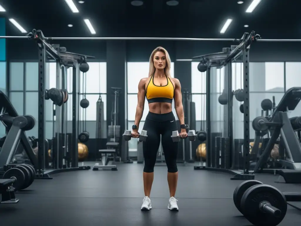 Empoderamiento en el gimnasio: mujer levantando pesas con confianza Entrenamiento efectivo para cuerpos petite: mujer levantando pesas con determinación en un gimnasio moderno
