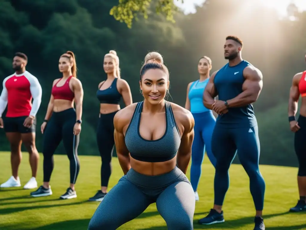 Entrenamiento grupal inclusivo en parque con diversidad de cuerpos Sesión de entrenamiento grupal al aire libre, diversidad de cuerpos y tallas, unidos por el fitness personalizado para todas tallas