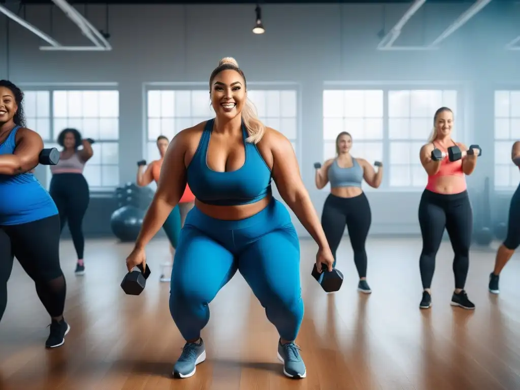Fitness plussize: Empoderamiento y diversión en el gimnasio Entrenamiento Plus Size Inclusivo y Efectivo: Diversidad y empoderamiento en un gimnasio luminoso y motivador