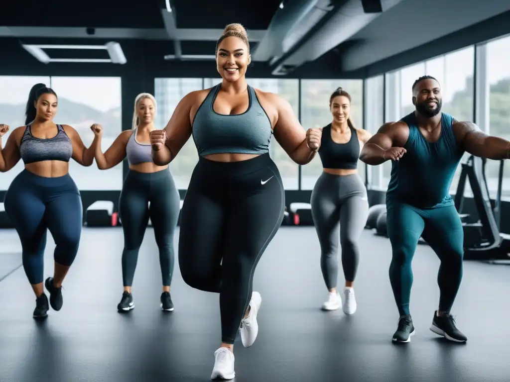 Entrenamiento inclusivo para plussize en gimnasio moderno Entrenamiento Plus Size Inclusivo y Efectivo: Grupo diverso y motivado en clase de fitness, sonrientes y seguros en un gimnasio moderno y luminoso