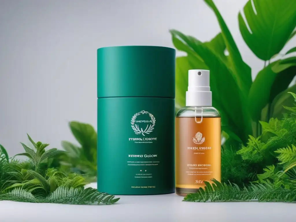 Packaging eco-friendly de lujo en armonía con la naturaleza Envase elegante de productos belleza alta gama sostenibles en tonos terrosos, con logos ecológicos