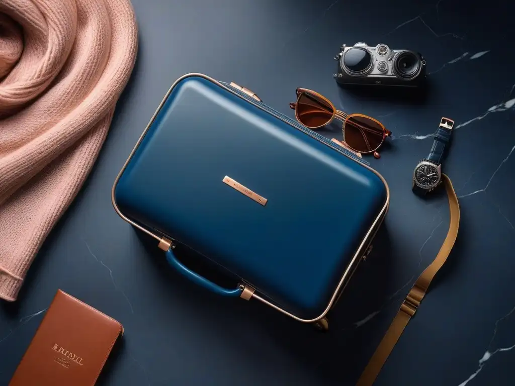 Maleta de lujo con cargador integrado y accesorios de viaje Equipaje adecuado para viajes: Maleta moderna azul marino con cargador, rodeada de accesorios de viaje elegantes en un elegante fondo de mármol
