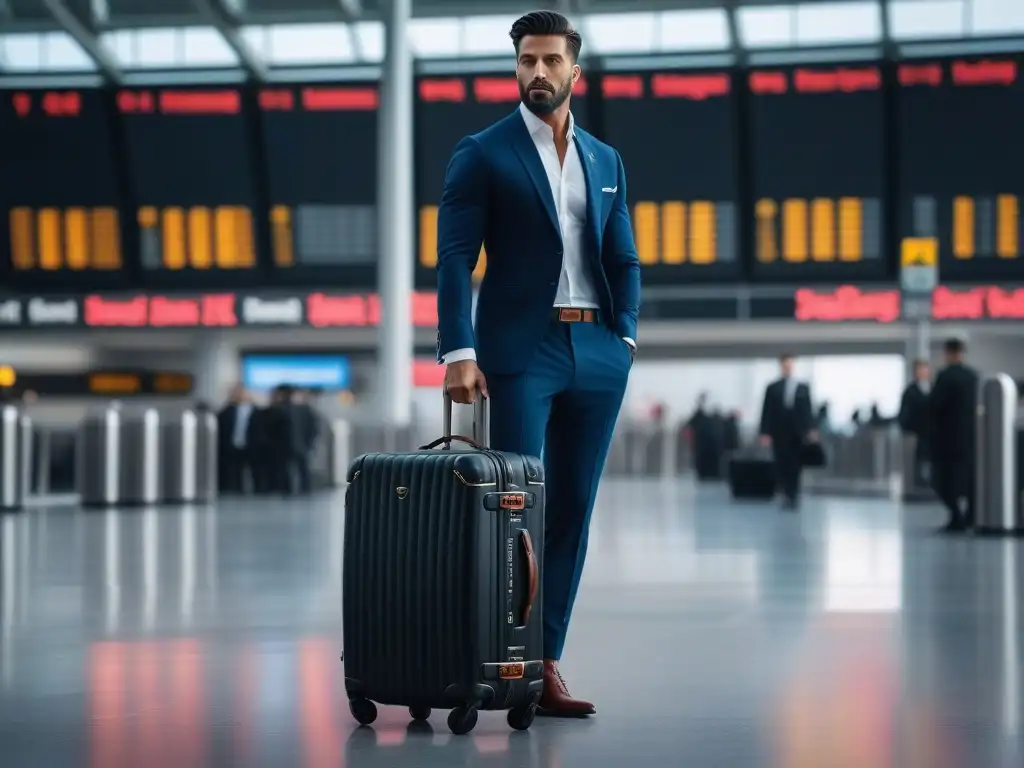 Maleta de lujo en aeropuerto moderno Equipaje adecuado para viajes: maleta moderna en un aeropuerto vibrante y lujoso, con diseño innovador y elegante