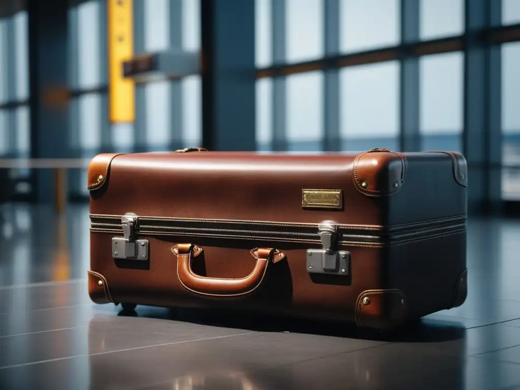 Maleta de lujo en aeropuerto: elegancia y funcionalidad Equipaje adecuado para viajes: Una maleta de lujo moderna, elegante y detallada en un aeropuerto iluminado por el sol