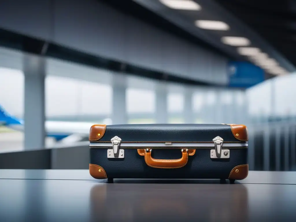 Equipaje de lujo con tecnología innovadora en un aeropuerto Equipaje adecuado para viajes: moderno y elegante set en aeropuerto, con cargadores y GPS integrados