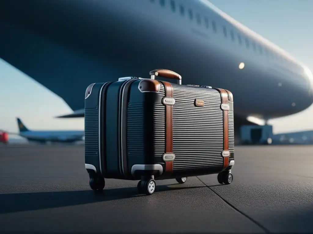 Set de equipaje de lujo: diseño innovador con carga USB y GPS Equipaje innovador de lujo con características de vanguardia, en un aeropuerto bullicioso
