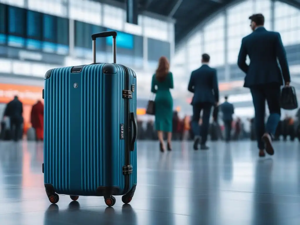 Maleta inteligente con mensaje de bienvenida personalizado en aeropuerto Equipaje inteligente da la bienvenida al viajero con tecnología de vanguardia en aeropuerto bullicioso