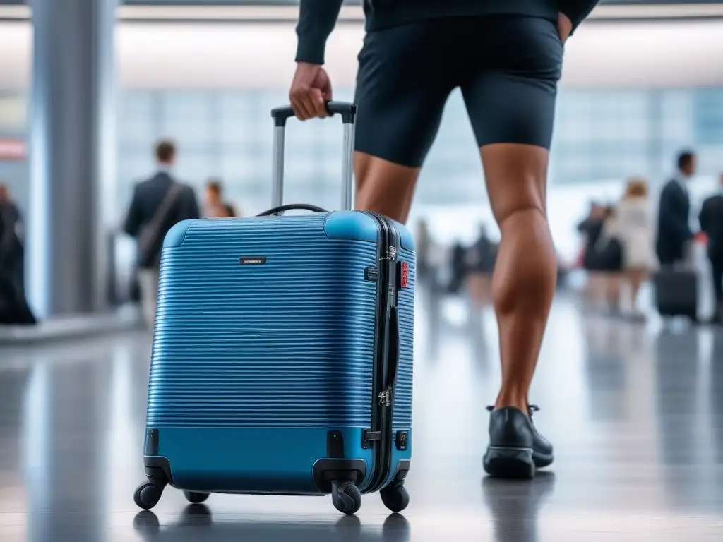 Maleta inteligente con GPS y báscula digital para viajes eficientes Equipaje inteligente facilita viajes con organización impecable en aeropuerto bullicioso