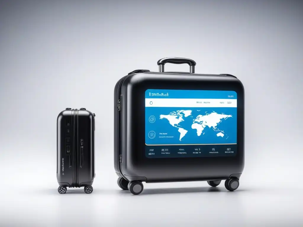 Maleta inteligente y futurista con gadgets de alta tecnología Equipaje inteligente para mejorar viajes con innovación tecnológica: maleta futurista con pantalla digital y gadgets de alta tecnología