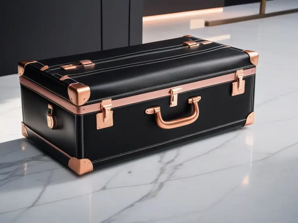Conjunto de equipaje de lujo en cuero negro y detalles en oro rosa Equipaje de lujo en cuero negro y detalles en oro rosa, organizado impecablemente en un suelo de mármol bajo una luz elegante