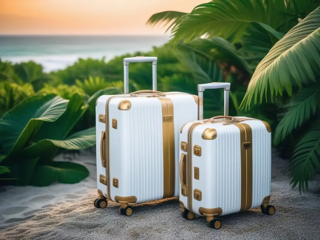 Conjunto de equipaje de diseñador blanco y dorado en entorno tropical Equipaje de lujo para luna de miel en tonos blancos y dorados, rodeado de exuberante follaje tropical y atardecer playero suave