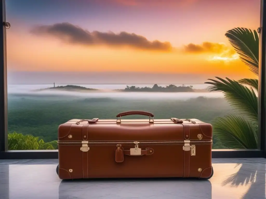 Conjunto de equipaje de lujo con iniciales 'H & W' en mármol al atardecer Equipaje de lujo para luna de miel: Conjunto moderno de cuero con iniciales 'H & W' en elegante piso de mármol, iluminado por un atardecer tropical