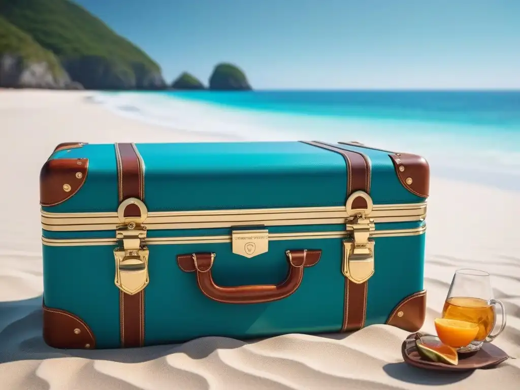 Maleta de lujo en playa paradisíaca: viaje de luna de miel Equipaje de lujo para luna de miel en paradisíaca playa con maleta elegante brillando bajo el sol