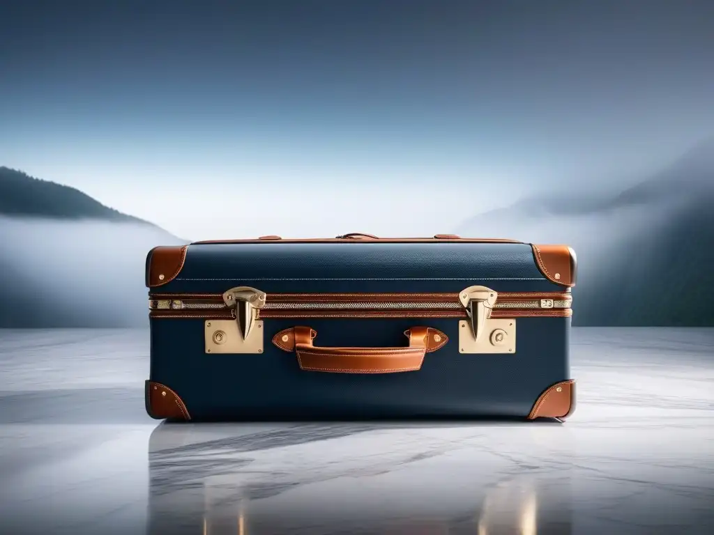 Conjunto de equipaje de lujo: sofisticación y elegancia en cada detalle Equipaje de lujo para viajes: Conjunto elegante y moderno sobre suelo de mármol, destacando diseño premium con detalles de cuero y metal pulido