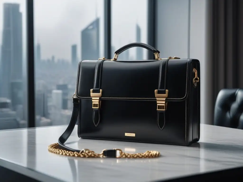 Maletín de cuero negro con detalles dorados en elegante oficina Equipaje de lujo para viajes: Imagen detallada de un maletín negro de cuero con detalles dorados en una elegante oficina