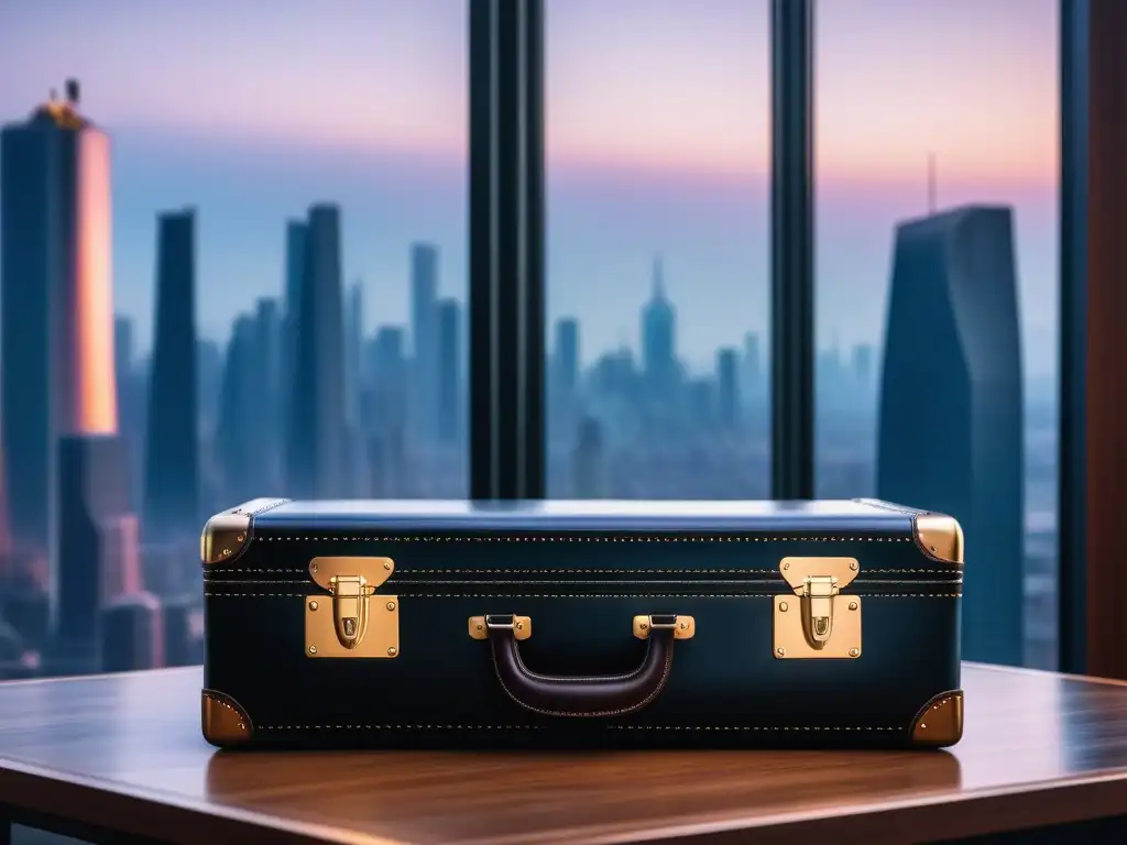 Maleta de lujo de cuero con tecnología de vanguardia en habitación de hotel Equipaje de lujo para viajes: Maleta moderna de cuero con cargador y GPS, en habitación de hotel elegante con vista nocturna de ciudad