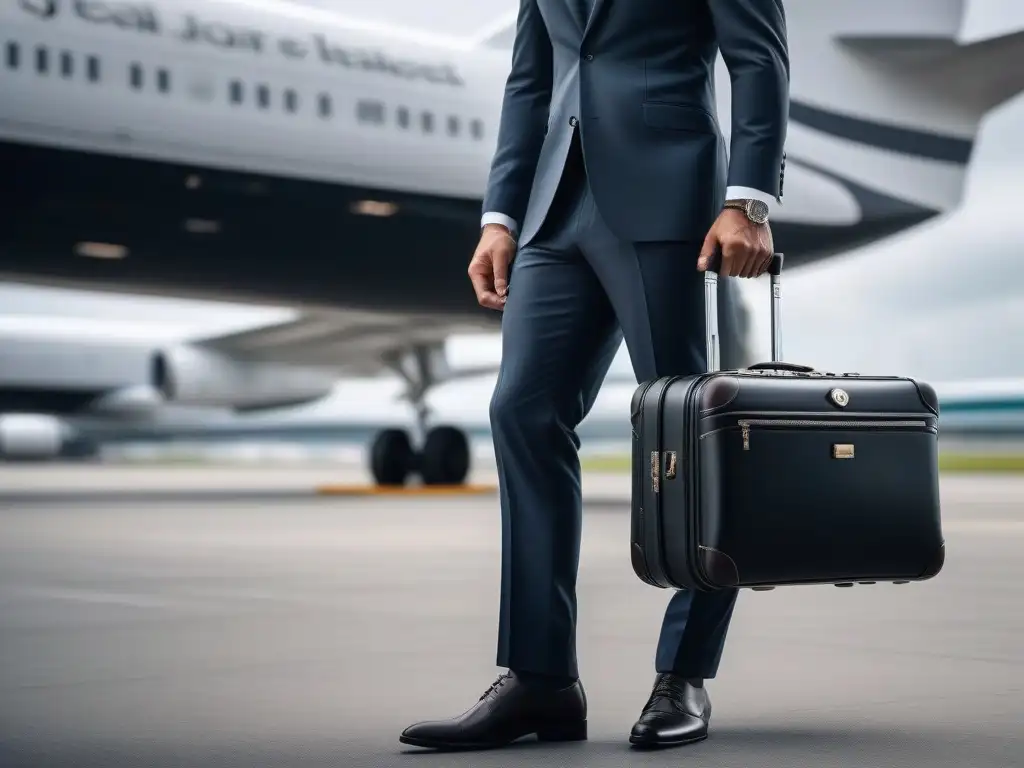 Maleta de lujo negra en aeropuerto de negocios Equipaje de lujo para viajes: Maletín negro elegante en aeropuerto bullicioso, reflejo de sofisticación