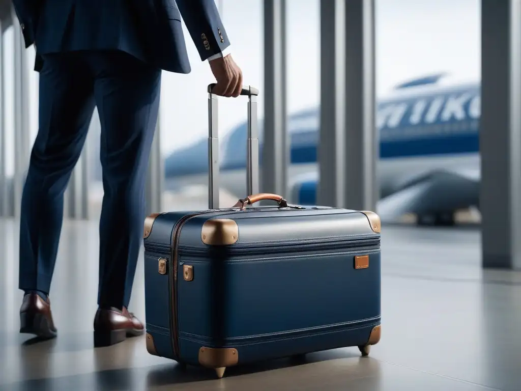 Set de equipaje moderno para viajeros altos en lounge elegante Equipaje para personas altas: Set moderno y elegante diseñado para viajeros altos, en un lounge de aeropuerto sofisticado