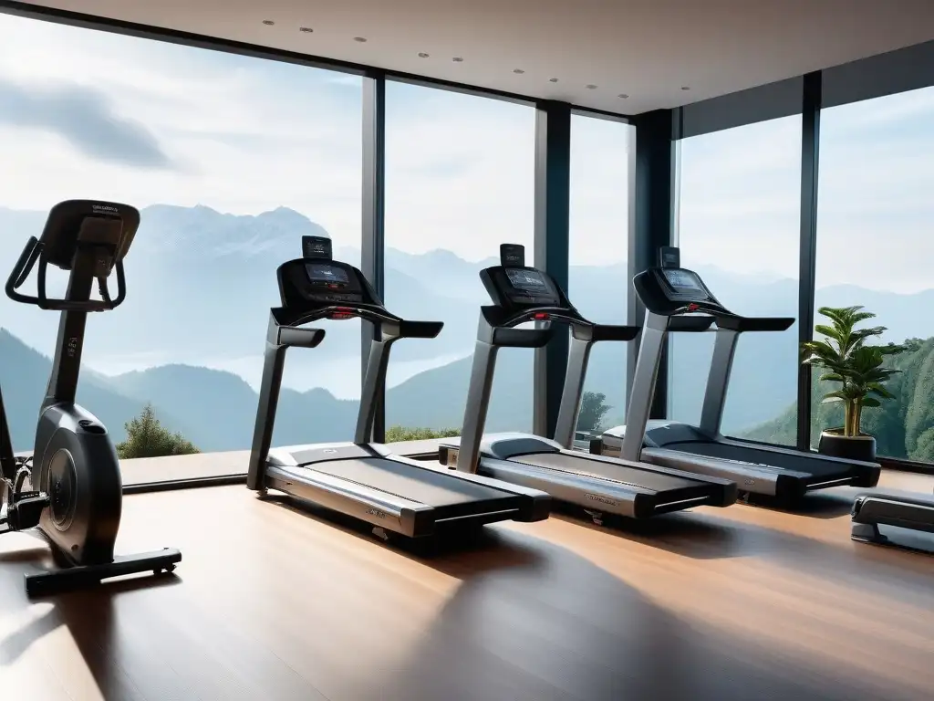 Equipo fitness de lujo en espacio moderno y luminoso Equipamiento fitness lujo ajuste perfecto en elegante sala con vista panorámica