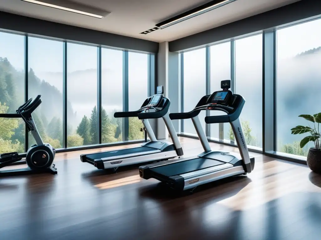 Equipo de fitness de lujo en centro de rehabilitación con diseño futurista Equipamiento fitness lujo rehabilitación en centro futurista con vista natural serena