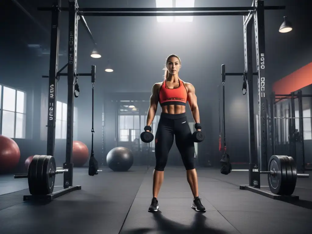 Atletas diversos en acción: fuerza y determinación en Crossfit Equipamiento Crossfit diverso para todos: Atletas realizando diversos ejercicios en un gimnasio moderno, mostrando fuerza y determinación