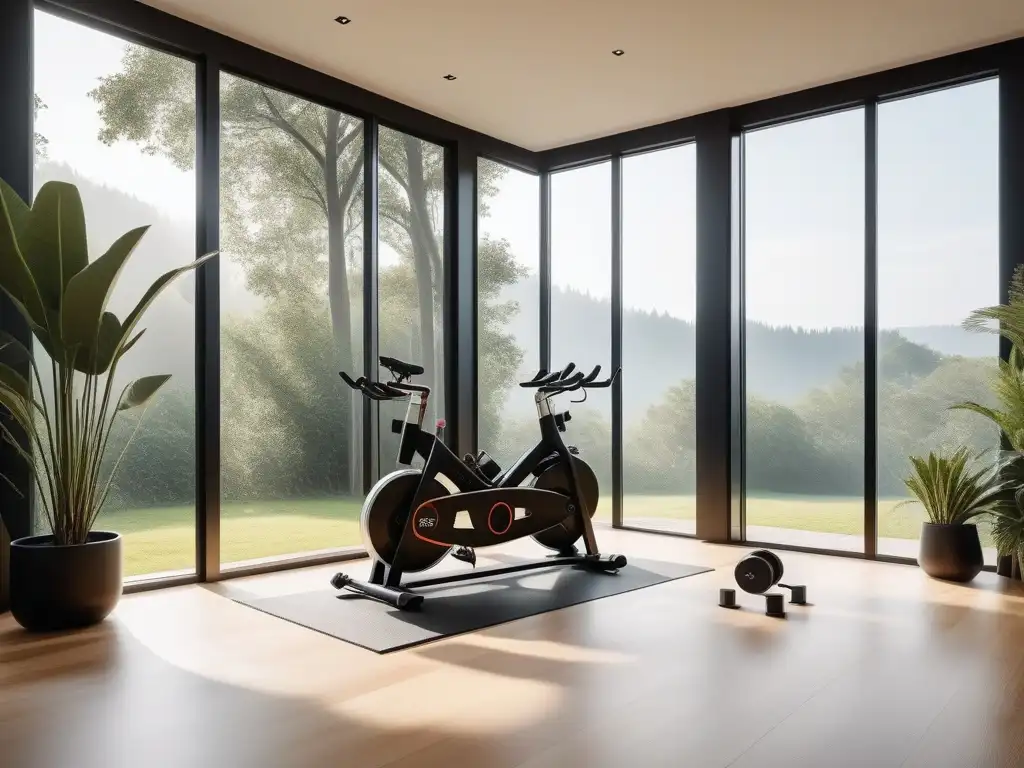 Gimnasio ecofriendly de lujo con equipamiento moderno y sostenible Equipamiento fitness ecoamigable hogar: gimnasio moderno con equipos sostenibles y ambiente fresco