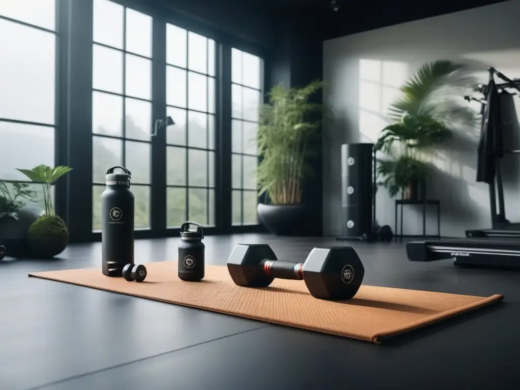 Gimnasio eco-friendly de lujo con accesorios sostenibles Equipamiento fitness ecoamigable hogar: gimnasio moderno con accesorios sostenibles y luz natural