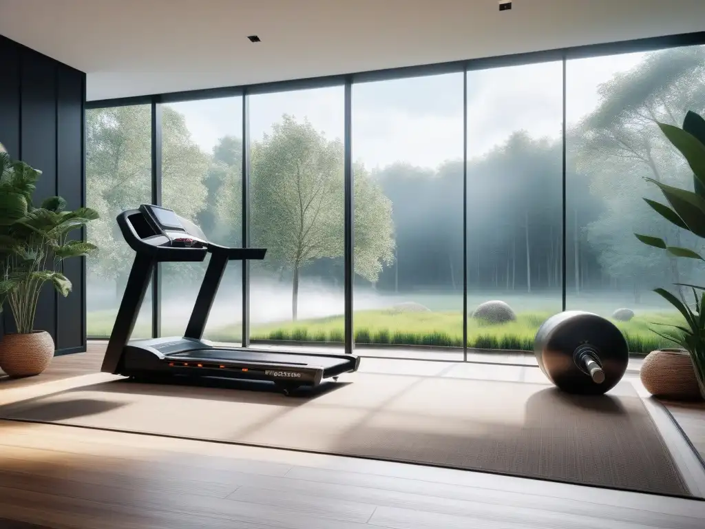 Gimnasio ecológico de lujo con equipamiento de alta gama en casa Equipamiento fitness ecoamigable hogar: lujoso gimnasio minimalista con vista panorámica a jardín verde