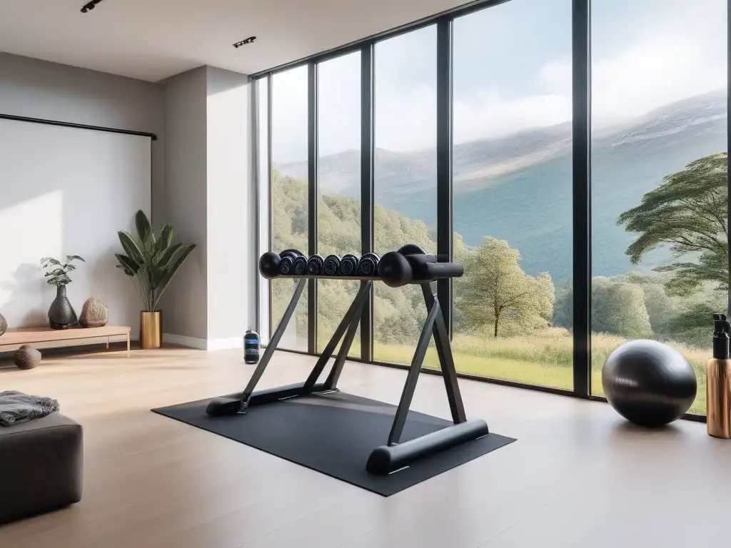 Gimnasio de lujo en casa: diseño moderno y elegante Equipamiento fitness lujo rehabilitación: Gimnasio hogareño moderno y lujoso con accesorios exclusivos en un ambiente elegante y luminoso