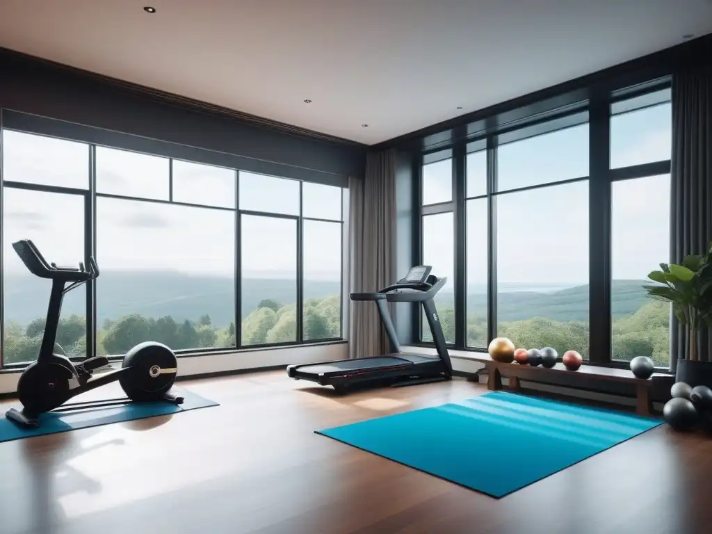 Moderno gimnasio en casa con equipamiento de lujo y vistas panorámicas Equipamiento fitness de lujo en casa: gimnasio elegante y moderno con equipamiento de última generación y vista exterior