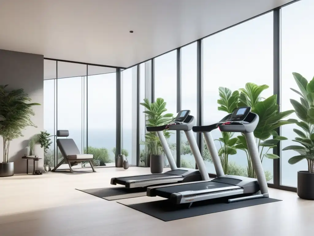 Gimnasio de lujo con vista al aire libre Equipamiento fitness de lujo en casa: Imagen de gimnasio elegante en casa con vista exterior serena y equipamiento de alta gama