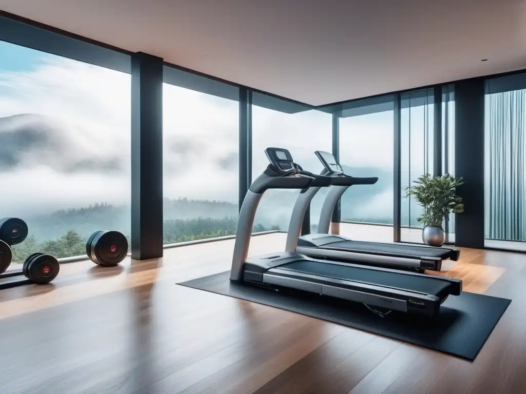 Home gym de lujo: Equipo de fitness de alta gama en espacio contemporáneo Equipamiento fitness de lujo en casa: Imagen detallada de un gimnasio doméstico moderno y elegante